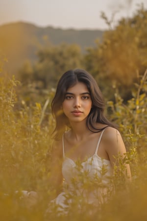 A stunning portrait of Kalyani Priyadarshan, framed by a warm golden light. She sits serenely in a lush greenery-filled setting, her long hair cascading down her back like a gentle waterfall. Her eyes sparkle with quiet confidence as she gazes softly into the distance.,Sahana15 