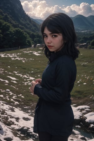 (4k), (masterpiece), (best quality),(extremely intricate), (realistic), (sharp focus), (cinematic lighting), (extremely detailed),

A young adult girl with long cosmic purple hair.
The girl has a look of pure contentment on her face. 
She is happy and relaxed, and she is enjoying her time.

A meadow on a snow covered mountaintop overlooking a breathtaking valley. The sky is clear blue, and the air is fresh and crisp. The young woman is watching the clouds drift by. She feels at peace with the world, and she is grateful for the beauty that surrounds her. 

She is wearing a pair of yoga pants and a loose-fitting top,
a pair of hiking boots and a beanie.

,flower4rmor
,cloud,neotech,blurry_light_background,DonM4lbum1n,DonMChr0m4t3rr4 ,Detailedface,Pixel art,photorealistic,ghibli style,girl,midjourney,sunset_scenery_background,	 SILHOUETTE LIGHT PARTICLES,fantasy00d,pastelbg