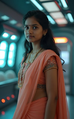 A stunning, realistic photography of a 15-year-old Malayali (Mallu) girl, radiating youthful beauty. She is dressed in traditional Indian attire, featuring a Kerala pattupavada—a beautiful, flowing Kerala gown—and a matching blouse. A delicately draped shawl (sholl) adds an elegant touch to her outfit, highlighting her cultural heritage.

The background contrasts with her traditional look, set inside a futuristic spacecraft with a Mars Effect game theme. The environment is filled with advanced technology, with holographic displays, sleek metallic surfaces, and soft neon lighting that creates an otherworldly ambiance. The lighting subtly illuminates her face, enhancing her natural beauty and creating a blend of old-world charm and futuristic aesthetics.

The overall composition focuses on her serene and graceful presence, emphasizing her traditional attire against the backdrop of a high-tech, space-age setting. This creates a captivating fusion of culture and science fiction, making the image both visually striking and unique.
