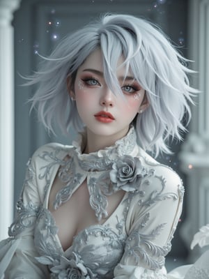 Silver perm hair, 27 year old Finnish girl, porcelain pale skin, subtle light, glossy red lips, delicate grey eyes with long white eyelashes, intense gaze, glowing pupils match her dress, which is completed by a gorgeous white silk costume decorated with an intricate grey rose pattern. A deep V-neck adds to the dramatic mood, and mysterious sparkling white particles float around, creating a magical atmosphere. The pure white wall with light shows the meticulous attention to detail, with every hair and dress's ornate decorations depicted in high definition in this highly realistic photograph. (Photorealistic: 1.4), (Masterpiece, Illustration-realistic: 1.1),Cosplay 