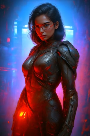 (best quality, 4k, 8k, highres, masterpiece:1.2), ultra-detailed, physically-based rendering, professional, vivid colors, bokeh, cyborg girl, made only glass, neon cables, gears, transparent body, mechanical details, glowing eyes, reflective surface, subtle reflections, ethereal, luminous, metallic highlights, sci-fi, futuristic, neon lights, blue and purple color palette, dynamic lighting,Mallu girl,photo r3al,Brown tone Beauty,cyberpunk glasses,1girl