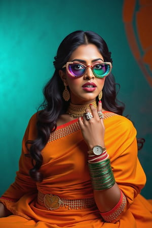 A stylish Mallu girl with a curvy, sexy figure poses confidently in a modern, non-traditional outfit adorned with traditional ornaments. She wears oversized, colorful sunglasses and a bold, patterned turtleneck that stands out against a teal and orange background, graded with cinematic color tones. The scene captures a complex, action-oriented pose reminiscent of cyberpunk themes from Blade Runner and The Matrix, set in a highly stylized, photorealistic CGI environment. The abstract, textured background adds a pop art flair with bold, vibrant colors, enhancing the modern, high-quality 32K masterpiece. Studio lighting accentuates every detail, bringing a mix of traditional elements and futuristic vibes together in this dynamic composition