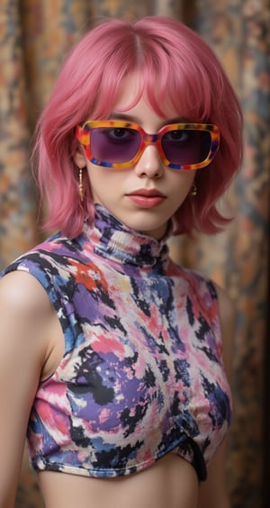 A vibrant, close-up portrait of a young woman with pink hair, wearing oversized, colorful sunglasses, and patterned turtleneck, abstract, midriff exposed, navel, textured background | pop art style, bold colors, detailed, highly stylized | photorealistic | studio lighting
,cinematic , film grain, Short telephoto focal length, shot on ALEXA 65