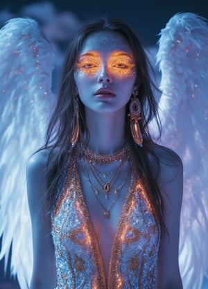 full body shot, young angel woman with yellow detailed eyes and long hair in gold jewelry, big white wings, light painting, futuristic digital, realistic sci-fi, lights, gold detailed dress, gold lashes, diamond, ethereal, misty, holographic, sky with white clouds on background,glitter,Midjourney_Whisper