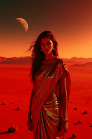 Mars Explorer in Traditional Attire
"A stunning Indian woman stands on the red, rocky surface of Mars, blending elements of her cultural heritage with futuristic technology. Mars rover near She wears a sleek saree, with glowing neon accents:1, customized to reflect traditional Indian motifs, such as intricate gold patterns and a sari-like drape over her shoulder. Her hair wave, mars effect, mars havy sand storm:1.4, revealing a radiant face with sharp, determined eyes. The harsh Martian environment contrasts with her beauty, while the backdrop features the dusty Martian landscape, distant planets, and a futuristic space colony on the horizon. The lighting is dramatic, with warm tones highlighting the red sands of Mars, creating a powerful, cinematic scene captured in ultra-realistic photography."

Details: face texture, perfect eyes, 5 finger on each hands, hair details, costume texture perfect, symmetry, Sharp background,