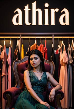 create me something beautiful, sexy, A beautiful woman, dressed in high fashion, sits on a throne in a luxurious boutique shop, surrounded by perfect cinematic lighting. Behind her, the shop's name "athira" is displayed in oversized glowing letters, commanding attention. Girls in the background casually explore the dresses on display. The scene highlights both the elegance of the boutique and the glowing, bold shop name.,Enhanced all,madona Sebastian 