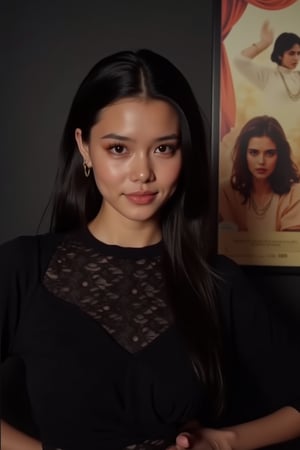  A young woman stands confidently against a movie poster backdrop, her gaze directed straight at the camera, exuding an air of confidence and allure, She wears a black top with a lace pattern, her features softly highlighted by even lighting, Off-center placement draws the viewer's eye towards her, while a subtle hint of a man in the background adds depth to the scene, The movie poster suggests a possible movie theater setting, 