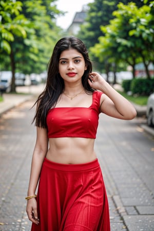 18 year old indian girl, brown long hair , wet hair, wearing red  lehenga , sunny Norway street , round breast , smirk  , red lipstick ,27 yo woman ,27 year old girl,27 old girl