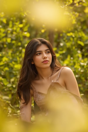 A stunning portrait of Kalyani Priyadarshan, framed by a warm golden light. She sits serenely in a lush greenery-filled setting, her long hair cascading down her back like a gentle waterfall. Her eyes sparkle with quiet confidence as she gazes softly into the distance.