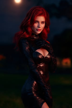 Generate hyper realistic image of a woman with luscious red locks stands outdoors at night, the moonlight casting a soft glow on her flawless complexion. Her short hair is tousled by the gentle breeze, and she wears tight black gloves that hug her slender arms. With confidence in her stance and a subtle smirk playing on her lips, she exudes an aura of mystery and allure, captivating the viewer's attention under the starry night sky.