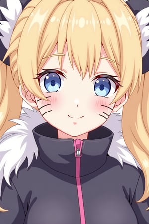 1girl, solo, long hair, looking at viewer, smile, blue eyes, blonde hair, hair between eyes, twintails, fur trim, 3 line facial mark on cheeks, genderswap, genderswap \(mtf\), zipper, whisker markings, uzumaki naruto

The atmosphere is fun and inviting, featuring colors like black, blue, dark blue, dark purple, gray, light green, purple, and orange,Details ,Texture ,32k,HD ,Eyes details ,Face details 