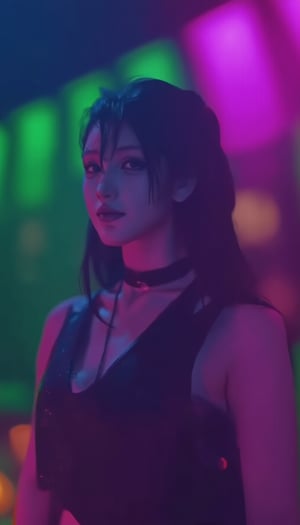 A cinematic action scene shot of a cyberpunk woman standing  surrounded by a dimly lit atmosphere with neon hues. Black, dark blue, and gray tones dominate the scene, punctuated by pops of light green, purple, and orange. Her skin glistens with subtle detail and enhancement. The Sony A7R IV camera captures the scene in cinematic style, emphasizing depth and bokeh effects from the pink, blue, and green neon lights.