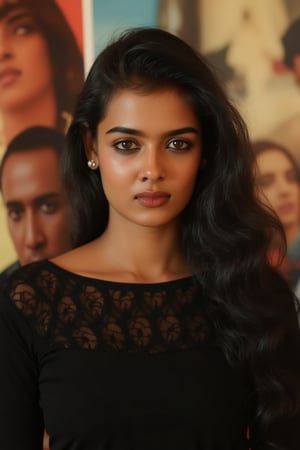  A young woman stands confidently against a movie poster backdrop, her gaze directed straight at the camera, exuding an air of confidence and allure, She wears a black top with a lace pattern, her features softly highlighted by even lighting, Off-center placement draws the viewer's eye towards her, while a subtle hint of a man in the background adds depth to the scene, The movie poster suggests a possible movie theater setting, 