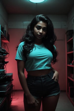 Cyberpunk, Neon glow, masterpiece, high resolution, best quality, 4k, plump face, 1girl, solo, beauty photo, amateur photo, 1girl, eye level, oversized button-up shirt, and hoop earrings, Teal-colored Flat ironed straight, stand pose in locker room,lighting,photorealistic,Curly girl ,redneonstyle,Rebecca ,Mallu girl ,Tamil girl, plump , cute, 