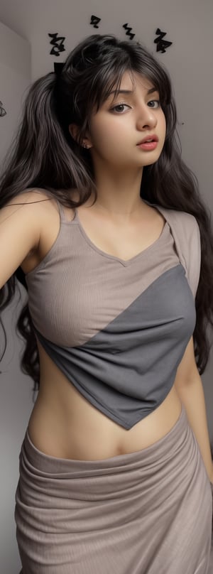 1girl, solo, long hair, black hair, twintails, jewelry, earrings, lips, realistic, navel, beautiful Indian girl, 18 years old girl,