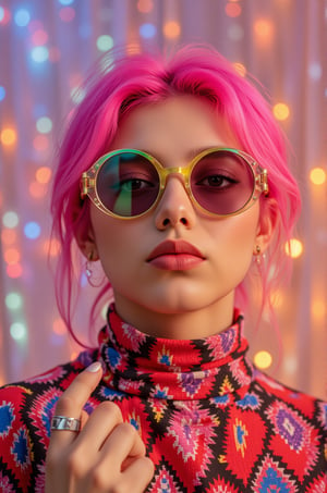 A vibrant, close-up portrait of a young woman with pink hair, wearing oversized, colorful sunglasses, and patterned turtleneck, abstract, textured background | pop art style, bold colors, detailed, highly stylized | photorealistic | studio lighting
,cinematic , film grain, Short telephoto focal length, shot on ALEXA 65