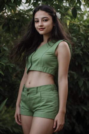 A 15-year-old girl with long brown hair and bright green eyes stands confidently outdoors, her skin glistening from the sunlight. She wears short hot pants and a subtle upper, her lips curled into a gentle smile as she gazes directly at the viewer. A delicate flower adorns her navel, its petals slightly blurred by the camera's focus on her captivating gaze. Her brown hair blows gently in the wind, framing her freckled nose. In the background, a slender branch reaches out, almost touching her shoulder. A slim-fit energy light particle mecha hovers near her head, its sparks and particles dancing around her in shimmering harmony.