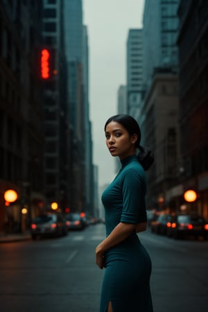 Dark skin woman in a city, matrix movie scene, matrix movie colour grading, stylish, cool background and warm foreground colour , teal background colour grading, orange foreground colour grading, 