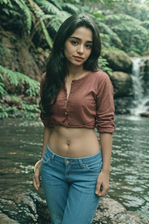 1girl, Kerala beautiful women 18 years old, solo, long hair, brown hair, shirt, t  shaped tiny navel, outdoors, pants, sandals, denim, jeans,  photo background,Tamil girl