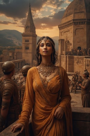 ultrarealistic photography, A resolute Mycenaean queen, draped in a finely woven tunic of saffron-dyed linen and a golden diadem engraved with Minoan spirals, stands on the battlements of her citadel as an enemy army approaches the fortified walls of her city. Behind her, towering cyclopean walls, built with massive limestone blocks, protect the ancient city of Mycenae. Warriors in bronze armor, wielding shields and spears, stand ready for battle. The queen’s gaze is fixed on the distant sea, where ships with black sails signal the coming of invaders. Around her, the rich culture of Mycenaean Greece is evident—the frescoes on the palace walls depict scenes of battle and ritual, and the throne room glows with the faint flicker of oil lamps as her advisors strategize. The sky above is darkening, the air thick with tension, as the last light of day illuminates the mountains that cradle her kingdom.,JoeyKingFlux,NithyaMenonFlux,Size 32 25 34,23 yo women,Mallu.