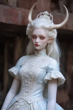 a ball-jointed doll albino demon girl,(Long deer horn: 1.2),
dressed in a cyberpunk-inspired Rococo dress. The doll features intricate joints, allowing for lifelike poses. Her dress merges the ornate elegance of Rococo with futuristic cyber elements. The fabric is a mix of rich silks and metallic materials, adorned with elaborate lace and digital patterns that glow subtly. The bodice is detailed with delicate ruffles and cybernetic embellishments, while the skirt flares out in layers, combining traditional Rococo volume with sleek, modern lines. Her hair is styled in a powdered wig, interwoven with fiber optic strands, ,PIXAR