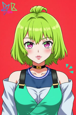 anime,BREAK, Vibrant pastel colors, exposed_navel, limited_palette, restricted_palette, 1girl, smug, piercing neon eyes, Neon, magazine_cover, bright lime green hair, flat red background, head_tilt, heterochromia,xamala