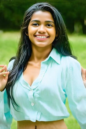 1girl, solo, long hair, navel , looking at viewer, smile, shirt, black hair, outdoors, mole, grin, black eyes, mole under mouth, realistic