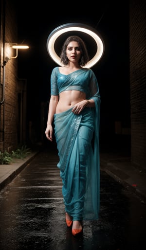 Mid shot, In a dark alleyway, neon tubes casting a futuristic glow on wet pavement, a stunning 28-year-old woman stands confidently, half of her body clad in a head-to-hip transparent saree that glistens under Tron-like lights. Electric blue and fiery orange hues dance across her features as she poses, the saree's intricate patterns reflecting off her toned skin like a digital canvas.