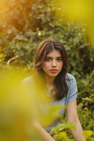 A stunning portrait of Kalyani Priyadarshan, framed by a warm golden light. She sits serenely in a lush greenery-filled setting, her long hair cascading down her back like a gentle waterfall. Her eyes sparkle with quiet confidence as she gazes softly into the distance.,Sahana15 