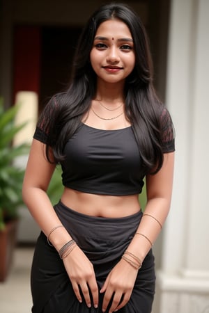 16 years old girl, solo, long hair, looking at viewer, smile, black hair, dress, saree , jewelry, standing, necklace, blurry, black dress, bracelet, realistic, dark skin 