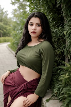 The image is a portrait of a woman positioned outdoors. The subject's attire and pose suggest a casual, possibly autumnal setting. The background, consisting of green foliage, provides a natural backdrop that contrasts with her warm-toned clothing. There is no explicit context provided within the image itself.