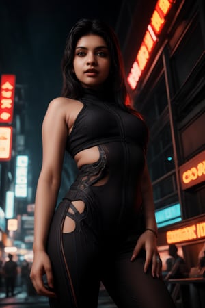 Close-up shot of a stunning woman in a sleek black jumpsuit , her long legs and toned arms glistening under Tron-like neon lights. The camera spins around her, capturing the vibrant Matrix-inspired color palette, with electric blues and fiery oranges dancing across her features. She's posed confidently, one leg bent at an angle, hand on hip, as if ready to take on the virtual world.,Mallu,CyberpunkWorld