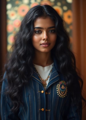 Capture a masterpiece of photography featuring a stunning girl with long, curly black hair (1.1) and intricate details in her school uniform, complete with a miniskirt and random colors. The scene is set in front of a striking fractal pattern (abstract) that creates a sense of depth and dimensionality. Professional HDR lighting (8k UHD RAW photo) casts a cinematic glow, accentuating the subject's features while also capturing the subtle play of iridescent lighting on her skin. Jewelry (1.4) adorns her neck, drawing attention to her radiant smile as she faces the viewer directly. The image is rendered in breathtaking detail, with every curl of hair and fold of fabric meticulously captured. Apply a realistic LUT for a true-to-life representation.,SH,Yakshi28 