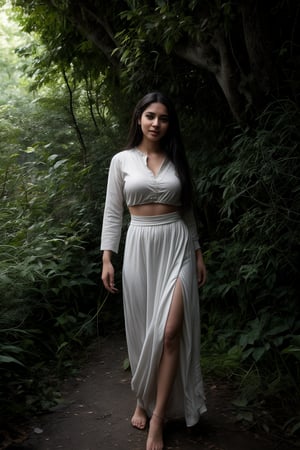 A woman emerges from the verdant underbrush, her curves accentuated by the loose-fitting clothing that seems out of place among the forest's somber tones. Confidently posed with a subtle smile, she commands attention amidst the leafy backdrop, where dappled sunlight filters through the canopy above. The composition balances natural beauty and human presence, inviting the viewer to step into her alluring world.,Mallu women