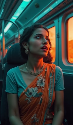 A beautiful mallu women in a train,  morden dress, futuristic atmosphere, realistic  raw photo, details, 32k, cinematic color grading, skin texture, Teal and orange color lighting 