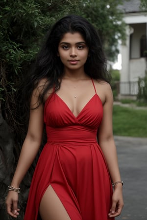 Dark skin:1, brown skin, A dark-skinned cosplayer stands outside on a lush green grass, striking a pose in a stunning red gown that flows elegantly around her curves. Her long, curly brown hair, she gazes directly at the viewer with warm, brown eyes. A delicate necklace and bracelet adorn her neck and wrist, respectively, catching the soft outdoor light. The camera captures a blurred background, emphasizing her striking features and the dress's flowing folds as she leans to one side, showcasing her dark skin glowing warmly in the natural light.