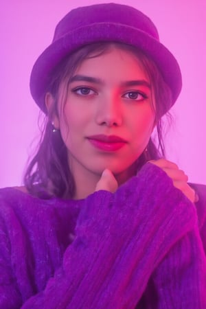 A photorealistic full-body portrait of a stunning 21yo hubggirl with perfect hands. She wears a vibrant purple sweater and double braids adorned with tiny earrings. Her shoulder-length purple hair is styled in intricate braids that cascade down her back. Her eyes are a deep, rich purple, framed by thick eyelashes and subtle makeup. A bold red lip color adds a pop of brightness to the overall gradient background, which transitions seamlessly from pink to purple. The subject's gaze is direct, with a hint of sassiness as she wears a trendy hat and sports a confident smile. Shut up, indeed!,Teenager 