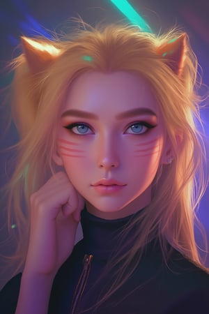 1girl, solo, long hair, looking at viewer, smile, blue eyes, blonde hair, hair between eyes, twintails, fur trim, 3 line facial mark on cheeks, genderswap, genderswap \(mtf\), zipper, whisker markings, uzumaki naruto

The atmosphere is fun and inviting, featuring colors like black, blue, dark blue, dark purple, gray, light green, purple, and orange,Details ,Texture ,32k,HD ,Eyes details ,Face details 