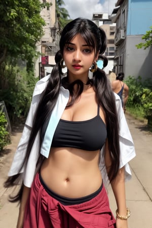 1girl, solo, long hair, black hair, twintails, jewelry, big round earrings, lips, realistic, beautiful mallu girl, outside, beautiful girl walking on the street , twintail hairstyle,18 years old long hair girl, front view, navel, cleavage,