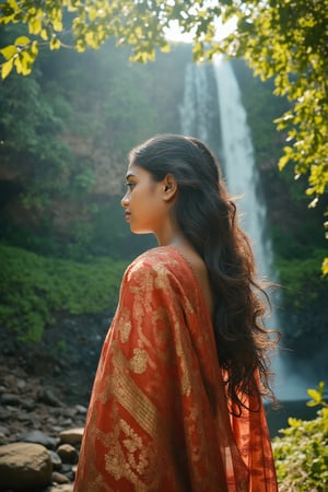 A stunning woman standing near Athirappilly waterfalls, cinematic shot, ultra-realistic details, midriff exposed, Deep navel, sunlight illuminating her face, light rays filtering through the trees, lush greenery around, falling leaves gently drifting from the trees, mist from the waterfall adding a dreamy effect, dramatic depth of field, 8K resolution.,Fantasy Regal Artgem,XChrisx