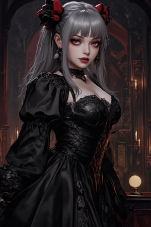 Create an anime-style illustration of a powerful female character inspired by Shalltear Bloodfallen. She has long, dark silver hair (Big red bow on the head), red eyes, dressed in an intricately designed dark medieval outfit adorned with lace and armor. Her expression is confident and somewhat playful, conveying her vampiric charm. The background should be a gothic castle interior, with dim lighting and ornate decor, adding to the dark fantasy atmosphere. Include elements like a glowing orb or magical sigils to emphasize her magical prowess, shalltier


