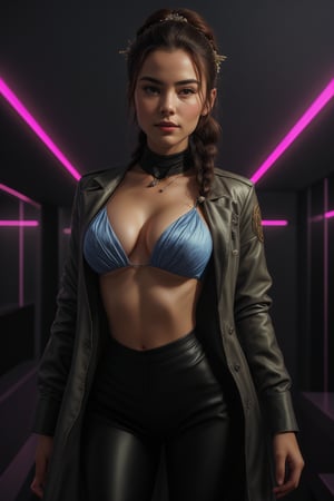 Beautiful Asian woman, A 25-year-old woman with a fit body and muscular,  six pack abs, hourglass body figure, dark hair adorned with a hair ornament, stands solo in a futuristic room illuminated by neon lights. Her brown eyes lock onto the viewer as she wears a designer blouse and jacket, paired with a turtle-neck sweater underneath. A braided ponytail flows down her back, and her plump lips curve into a subtle smile. She's dressed in a long skirt, black high-waisted pants, and a bioluminescent dress that glows softly. Her navel is exposed, and she wears a necklace, earrings, and ring. The camera captures her looking directly at us, with a realistic, photorealistic focus on her features.,Fit body