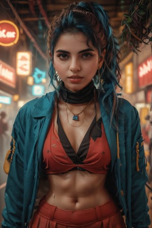 Here's a high-quality, coherent, and photorealistic , A 25-year-old woman with long, blue hair adorned with a hair ornament, stands solo in a futuristic room bathed in neon lights. She wears a designer blouse and jacket combo, paired with a turtle-neck sweater underneath. Her braided ponytail is styled perfectly, and her brown eyes gaze directly at the viewer. A bioluminescent dress hugs her Female Fit body, highlighting her midriff and navel. A pair of earrings, necklace, and ring add to her stylish ensemble. She's captured in a walking pose, with a long skirt flowing behind her, against a backdrop of futuristic cyberpunk architecture. Blue hair,