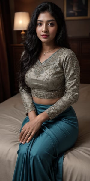 (masterpiece, best quality, ultra-detailed, 8K),high detail, realisitc detailed, a beautiful young mature pakistani women slight fat curvy body with long flowy black hair over shoulders in the dark, waeraing a full tight tradational indian tradational dress layin on the bed in tempting manner, blue eyes, pale soft skin, kind smile, glossy lips, a serene and contemplative mood, red lips,hd makeup,Indian,(blue eyes)(temptaation shy manner)