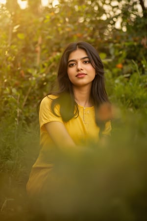 A stunning portrait of Kalyani Priyadarshan, framed by a warm golden light. She sits serenely in a lush greenery-filled setting, her long hair cascading down her back like a gentle waterfall. Her eyes sparkle with quiet confidence as she gazes softly into the distance.