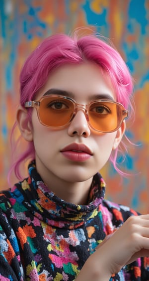 A vibrant, close-up portrait of a young woman with pink hair, wearing oversized, colorful sunglasses, and patterned turtleneck, abstract, textured background | pop art style, bold colors, detailed, highly stylized | photorealistic | studio lighting
,cinematic , film grain, Short telephoto focal length, shot on ALEXA 65