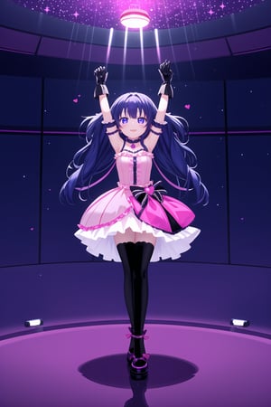 Realistic, human, Captured from a high-angle perspective, a girl with long dark blue hair, wearing a pink and yellow dress, adorned with a black belt. The arms are raised in the air, adding a touch of balance to the scene. The background is a vibrant purple hue, with white dots dotting the ceiling. To the right of the girl,a drum set is visible. 1girl, solo, long hair, looking at viewer, smile, bangs, hair ornament, thighhighs, gloves, dress, blue hair, purple eyes, heart, frills, tongue, hairclip, tongue out, pink dress, idol, pink thighhighs, pink gloves, maizono sayaka