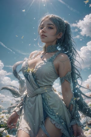 super fine illustration,masterpiece, best quality,{beautiful detailed eyes},1girl,finely detail,Depth of field, 4k wallpaper,bluesky,cumulus,wind,insanely detailed frills,extremely detailed lace,BLUE SKY,very long hair,Slightly open mouth,high ponytail,silver hair,small Breasts,cumulonimbus capillatus,slender waist,There are many scattered luminous petals,Hidden in the light yellow flowers,Depth of field,She bowed her head in frustration,Many flying drops of water,Upper body exposed,Many scattered leaves,branch ,angle ,contour deepening,cinematic angle ,{{{Classic decorative border}}},27 year old girl,27 yo woman ,Mallu