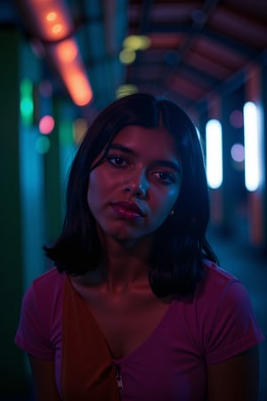 A beautiful mallu women, teal and orange colour lighting in background, futuristic subway, pipeline , wires, light indicators, intricate background, realism,realistic,raw,analog,portrait,photorealistic, taken by Canon EOS,SIGMA Art Lens 35mm F1.4,ISO 200 Shutter Speed 2000,Vivid picture,Mallu beauty, The atmosphere is fun and inviting, featuring colors like black, blue, dark blue, dark purple, gray, light green, purple, and orange. Neon lights in pink, blue, and green illuminate the space, creating a bokeh and Depth of Fieldeffect. The focus is on the girl from the torso to the head, captured in a cinematic style with a Sony A7R IV full-frame camera,Mallu beauty,futuristicportrait,Mallu beauty,Sahana15,Realistic 