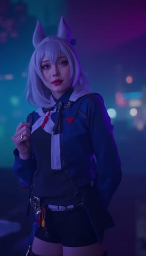 a woman dressed in a blue and white costume, adorned with a white belt and red gloves. The woman's head is adorned with two large ears, a red tassel, and a gold ring. Her eyes are a piercing blue, and her hair is a light gray. The background is blurred, with a building in the distance.

A cinematic action scene shot of a cyberpunk woman standing  surrounded by a dimly lit atmosphere with neon hues. Black, dark blue, and gray tones dominate the scene, punctuated by pops of light green, purple, and orange. Her skin glistens with subtle detail and enhancement. The Sony A7R IV camera captures the scene in cinematic style, emphasizing depth and bokeh effects from the pink, blue, and green neon lights.,Futuristic cosplay 